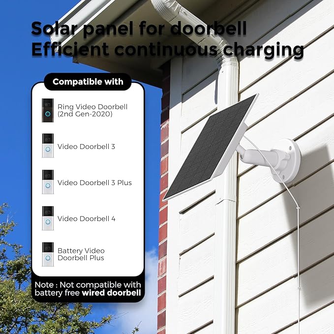 Solar Charger with 5200mAh Built-in Battery for Ring Doorbell 4W Continuous Power Solar Panel Compatible with Ring Battery Doorbell Plus/Pro &amp Video Doorbell 4/3/3 Plus 13.1Ft Charging Cable