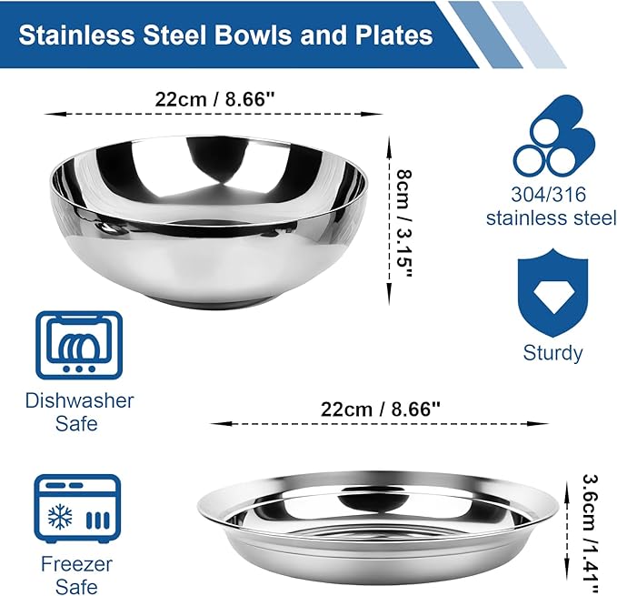 4-Piece Stainless Steel Pasta Plates and Bowls Set 8.6 inch 47oz Large Double Walled 18/8 Metal Soup Salad Bowls &amp 18/10 Steel Plates Dinner Dishes Unbreakable for RamenPhoCerealDishwasher Sa