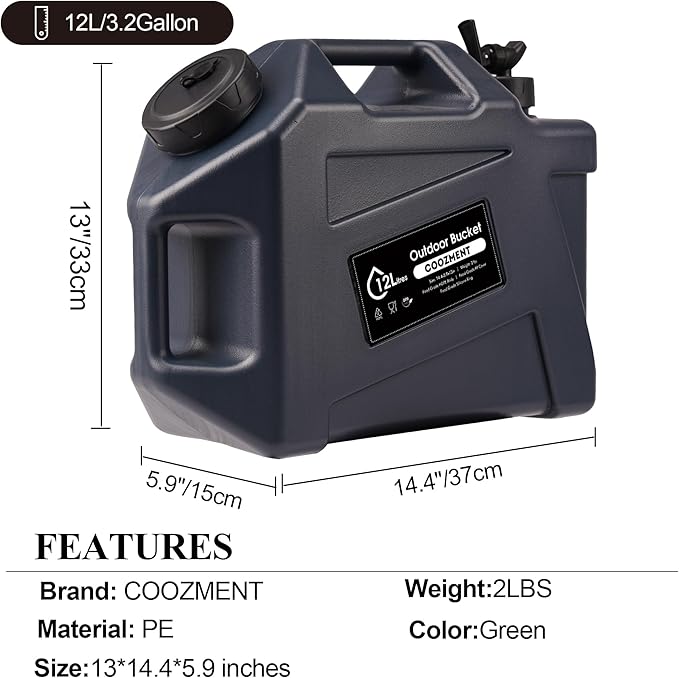 3.2 Gallon/5 Gallon Water Containers with Spigot BPA Free Water Jug Military Green Water Tank Multifunction Water Storage Containers for Camping Outdoor HikingEmergency Stroage