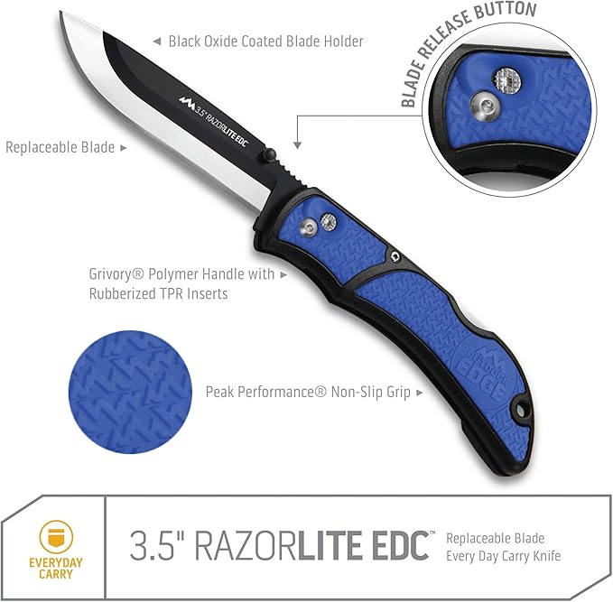 OUTDOOR EDGE 3.5 RazorLite EDC Knife. Pocket Knife with Replaceable Blades and Clip. Perfect For Hunting &amp Skinning Deer. Blue with 6 Blades