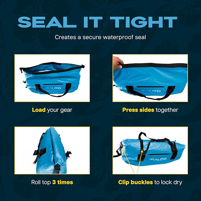 Malo’o Waterproof Dry Duffel Heavy-Duty Roll Top Waterproof Gear Bag with Shoulder Strap &amp Molle Loops Marine Duffel for Kayaking Boating Camping Beach &amp Travel Blue 60L