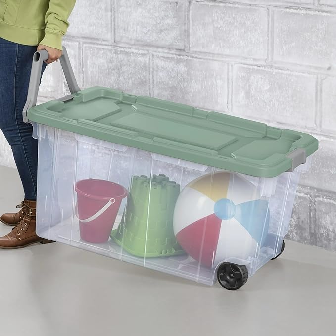 Storage Bin 40 Gallon 160 Qt Wheeled Industrial Tote Plastic Rolling Stacker Storage Box Tough Lidded Stackable Storage Container for Home Garage and Camping Clear Base &amp Green Sage Lid 2-pack