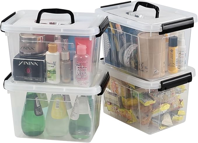 Wekioger 4 Pack 6 Quart Latching Box Clear Lidded Storage Bins Small Container with Handle