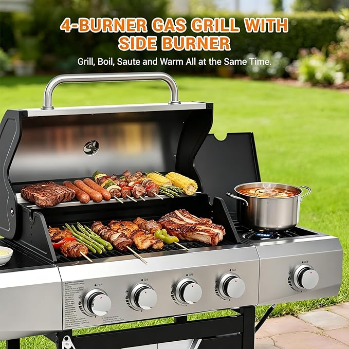 EUHOME 51000 BTU 4-Burner Propane Gas Grill with Side Burner – Large 452 sq.in Stainless Steel BBQ Grill Enameled Cast Iron Grates 4 Swivel Casters &amp Protective Cover for Backyard Patio Family