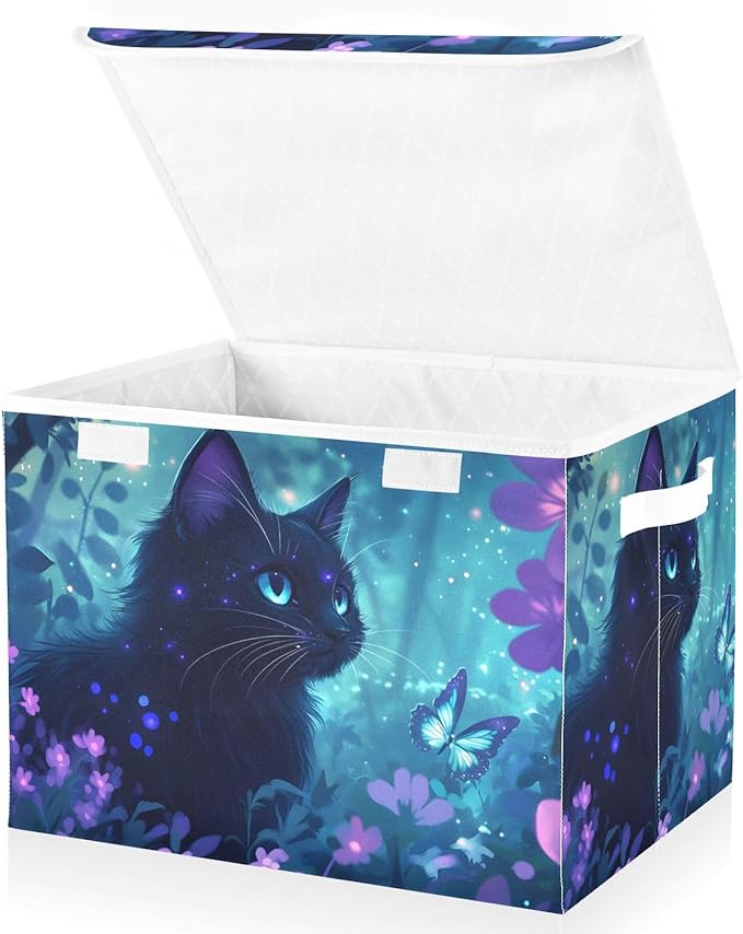 AIXIWAWA Lidded Storage Cube (Fantastic Forest Cat) Fabric Foldable Closet Bins with Flip Lid and Handles Organizer Basket Container 16.5 x 12.6 x 11.8 IN