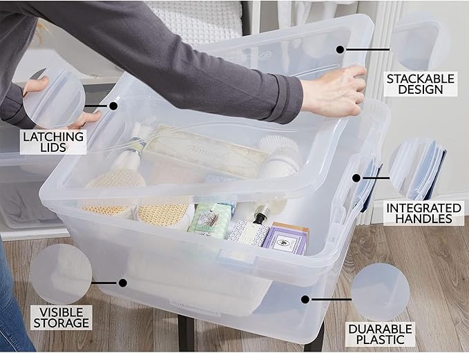 Rubbermaid Cleverstore 74 Qt Clear Storage Bins with Lids and Nesting Tray 4-Pack Stackable BPA-Free Made in USA
