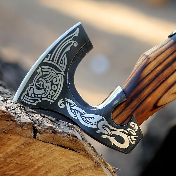 SHINY CRAFTS® Handcrafted Decorative Viking Axe with Leather-Wrapped Handle &amp Sheath – Engraved Blade – Ceremonial Collectible Gift for Men History Buffs Cosplay &amp Display (VBA-03)