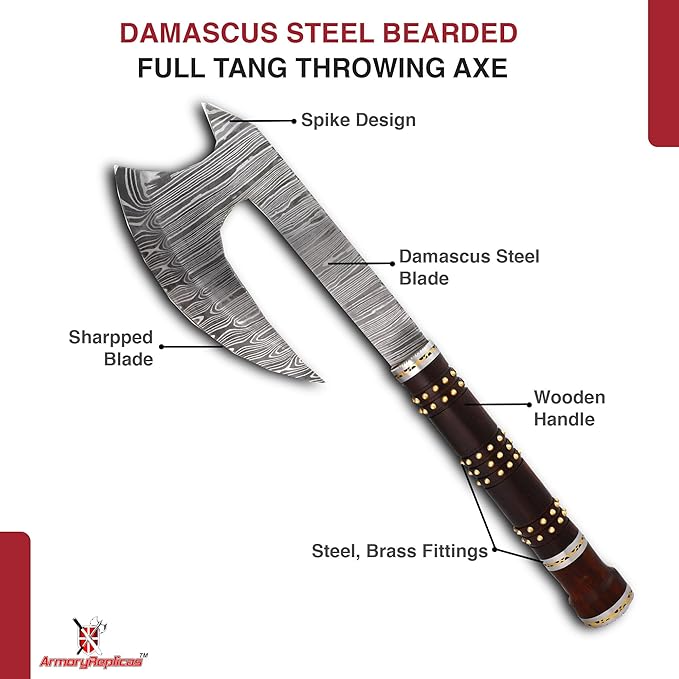 Armory Replicas™ Far Sight Full Tang Damascus Steel Bearded Axe Sheesham Wood Handle Brass Rivets Genuine Leather Sheath
