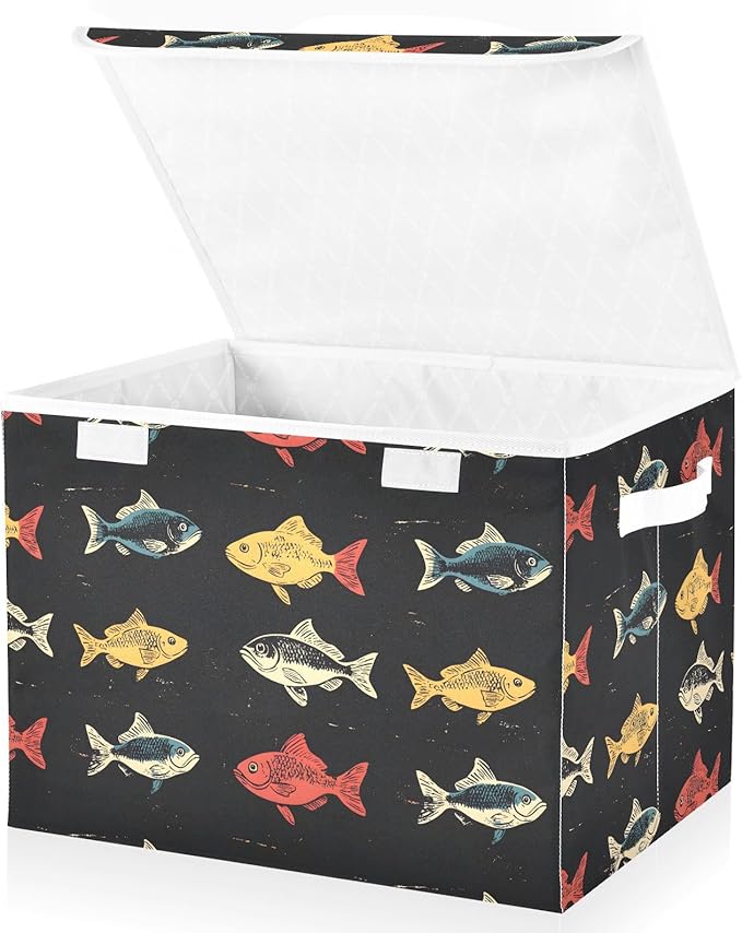 Fishes Pattern Storage Cube Bins Basket with Lid Collapsible Flip-top Fabric with Handle for Home Bedroom Closet Office 16.5×12.6×11.8 in