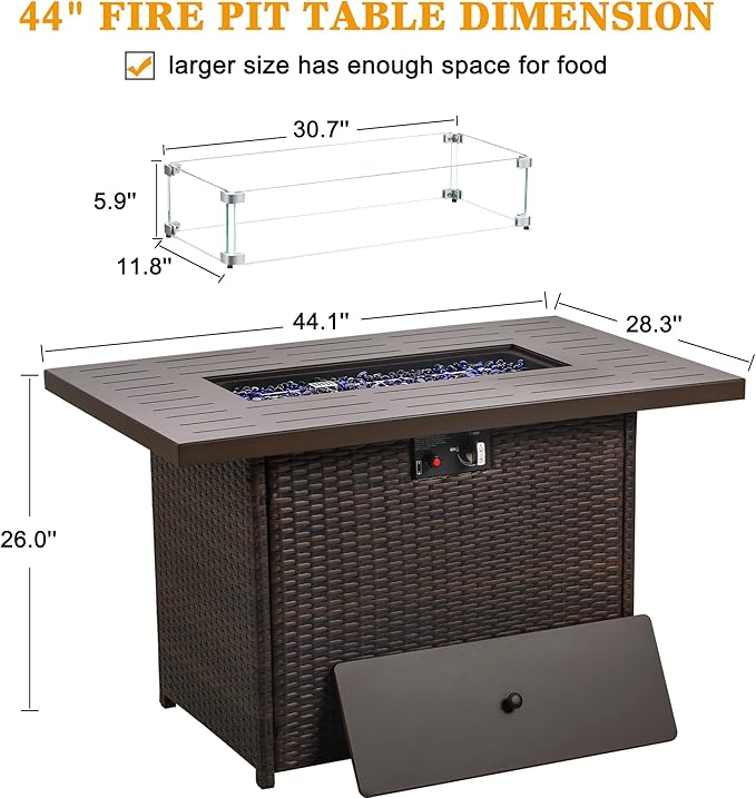 LayinSun 44 Propane Gas Fire Pit Table 55000 BTU Rectangular Fire Pit with Glass Wind Guard for Outside Patio Deck Garden Backyard Brown-Aluminum Top