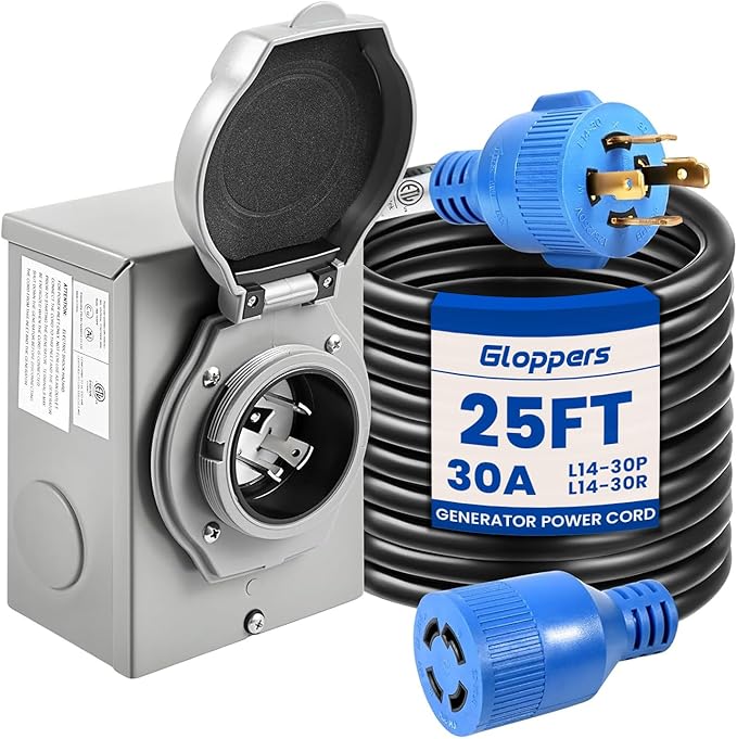 30 Amp Generator Cord and Power Inlet Box 25FT Generator Cords 30 Amp125V/250V Generator Power Cord NEMA L14-30P to L14-30RTwist Lock Connector