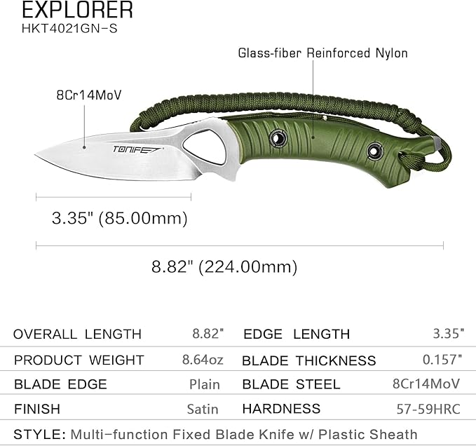 TONIFE Explorer Fixed Blade Knife with Sheath 8Cr14moV Multifunctional Survival Knife Blade with Fiberglass Reinforced Nylon Handle for Outdoor EDC Knife