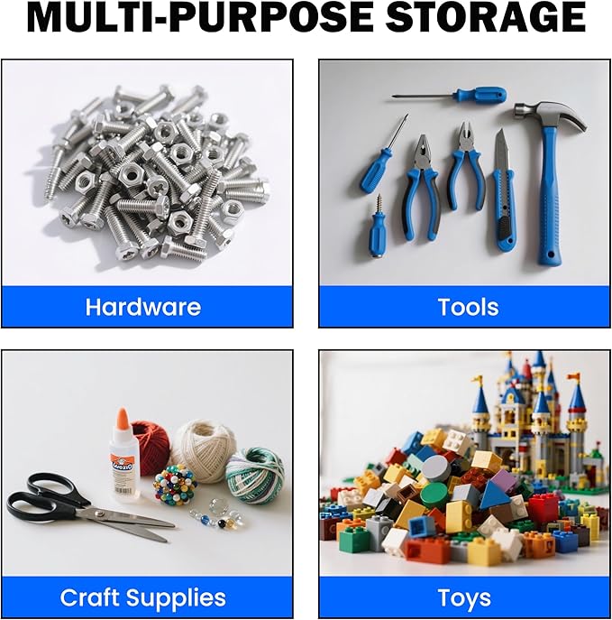 Ultrawall Wall Mounted Storage Bins Plastic Hanging Storage Organizer Bins Garage Tool Storage System for Screws Nuts Bolts Nails and Small Hardware Parts 16x bins &amp 4 x rails Blue