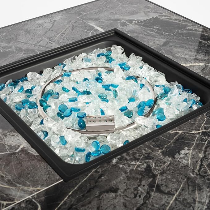 30'' Propane Fire Pit Table Marble Textured Ceramic Tabletop 50000 BTU Fire Table with Brown Wicker Mix Color Glass Rocks Including Lid&ampCover Square