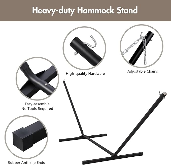 ANOW 2 Person Hammock with 12FT Stand Heavy Duty Hammock with Stand for Outdoors 450 LBS Weight Capacity Light Brown