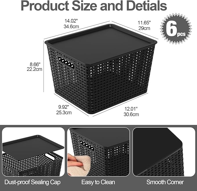 6-Pack Plastic Storage Baskets with Lid Lidded Storage Organizer Bin Black