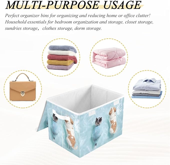 Storage Cube with Lid Swimming Dog Cat Print 16.5×12.6×11.8 IN Collapsible Large Capacity Foldable Storage Basket Bin Organizer