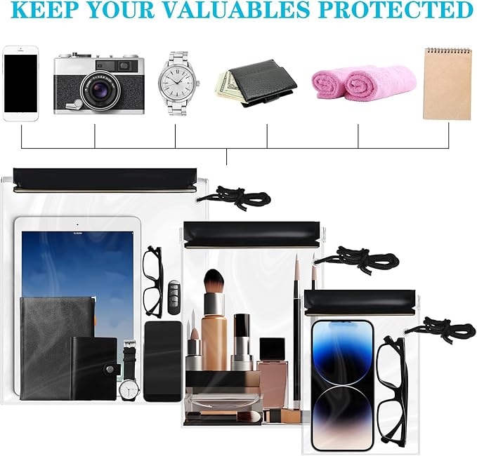 Dansydaisy 15 Pack Clear Waterproof Bags Water Tight Pouch Holder 3 Sizes Dry Bags Boating Waterproof Cases Sealable Phone Pouch Compatible with Iphone Ipad Maps Camera Document Holder Kayaking