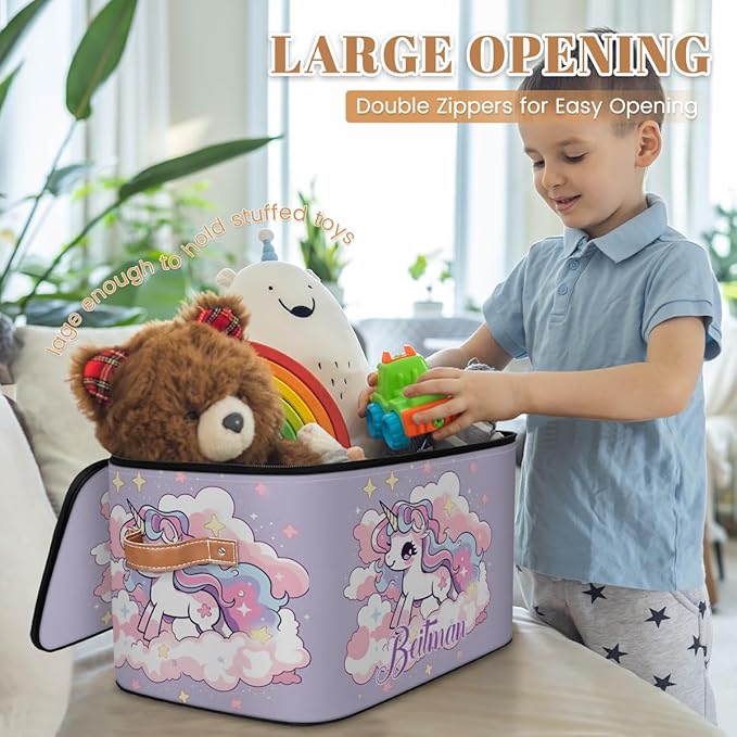 Storage-Bins with Lids Handle Customized Stackable-Storage-Bin for Kids-Boys-Girls-Toys Cube Collapsibl Basket Purple Unicorn