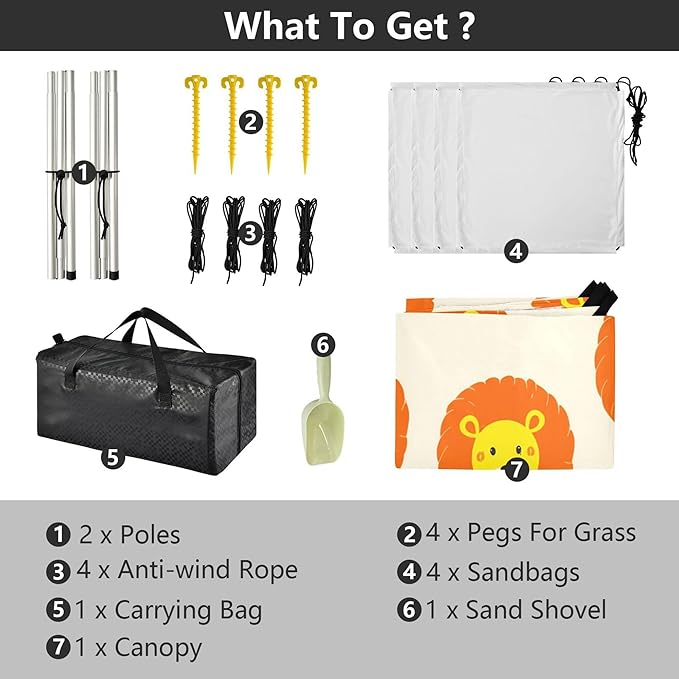 Lion Beach Canopy Sun Shelter with Sandbags &amp Sand Shovel &amp Windproof Ropes - Portable 110x126 Beach Shade Beach Tent for Camping Picnics