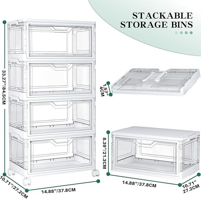 Kmiectse Clear Storage Bins with Lids4 Tier Plastic Bins with WheelsStackable Storage BinCloset Organizers Box for BedroomLiving RoomToy23 QT Folding Box with Magnetic door