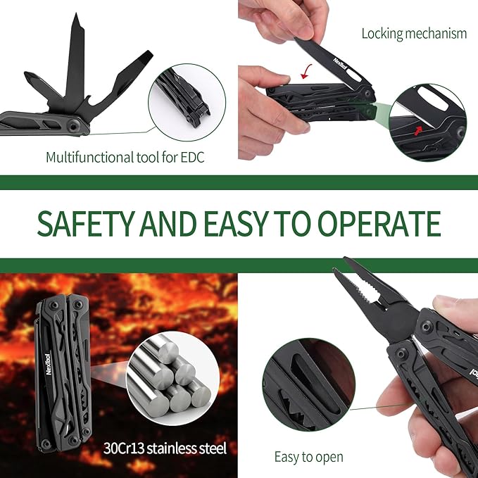 NexTool Multitool 11 in 1 Multi Tool with Needle Nose Pliers Scissors and Screwdriver Bits Stainless Steel Multi Tool Pocket Knife with Safety Locking for CampingFishingHiking Mens Gifts Unique