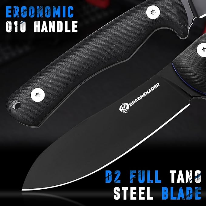DRACHENADER SHADOW 8.11 Fixed Blade Hunting Knife D2 Steel Blade Survival Knife with Kydex Sheath Horizontal Carry for Men Outdoor Skinning and Camping (Black)