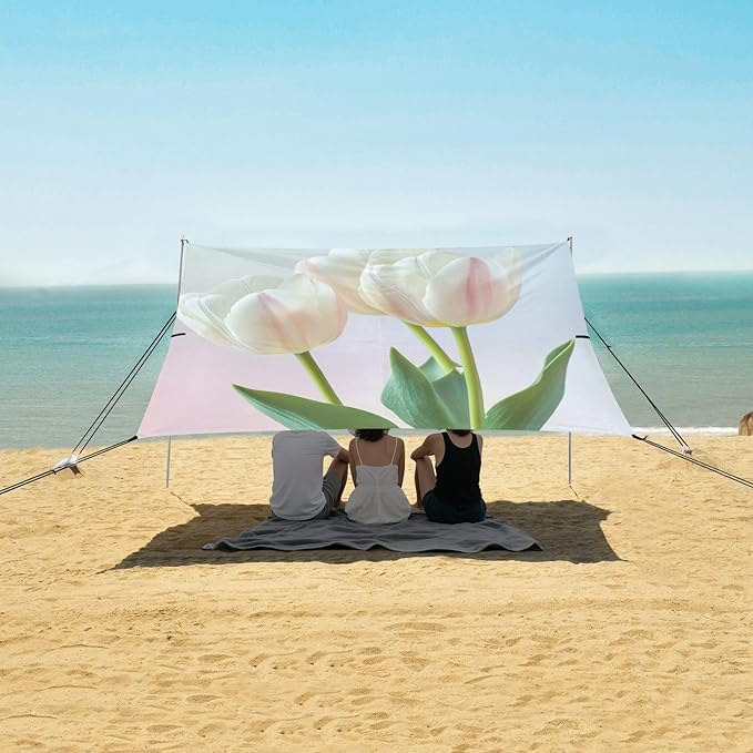 ALAZA Beautiful Blooming White Tulip Leaf Beach Tent Sun Shelter Portable Canopy Sunshade for Outdoor Camping Picnics Backyard Fun 10x9 ft