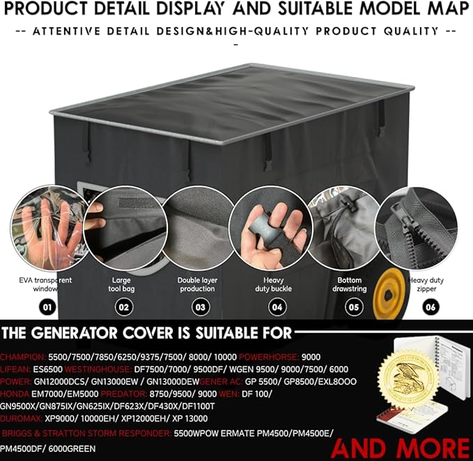 Runtime Generator Cover 100% Waterproof Generator Cover Double Layer Design All Weather Use Extra Heavy Duty 600D Water Resistant Polyester Tarp 32x24x24 Tear-resistant black.