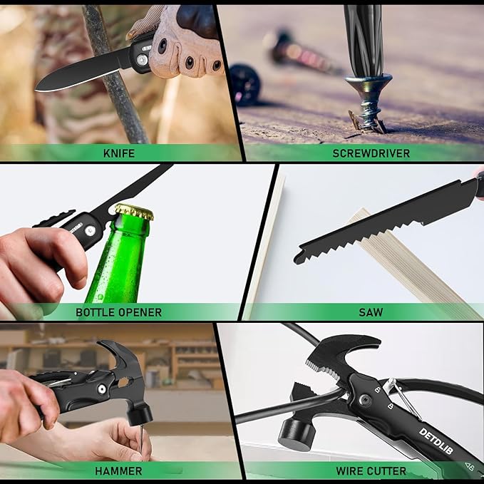 DETDLIB12-in-1 Multitool Hammer Birthday Gifts for Men Essential for Camping Hiking Cool Gadget Gifts for Men. Women Dad Him Husband Father Mechanic Boyfriend Black