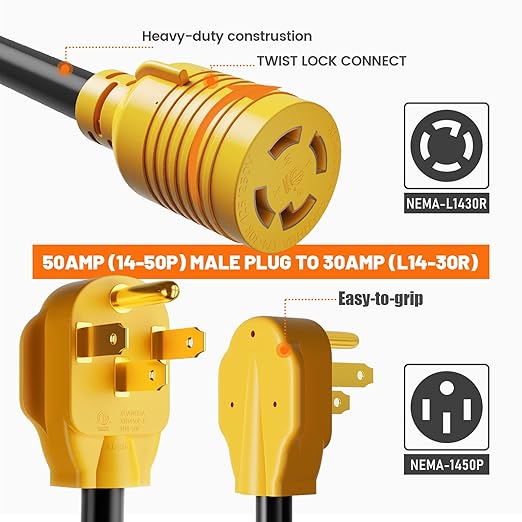 MECMO NEMA 14-50P to L14-30R Generator Transfer Switch Adapter Cord ETL Listed 240V/120V Generator to House 50 Amp Male to 30 Amp Female Twist Lock 4 Prong Generator Plug Adaptor for Power Backup