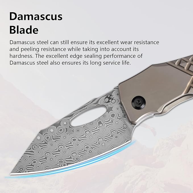 KANSEPT Loki Pocket Folding Knives for Men EDC Camping Folding Knife 2.99'' Damascus Blade Material Pocke Knife with Bronzed Anodized Titanium with Frag Pattern Handle Everyday Carry K1058B5