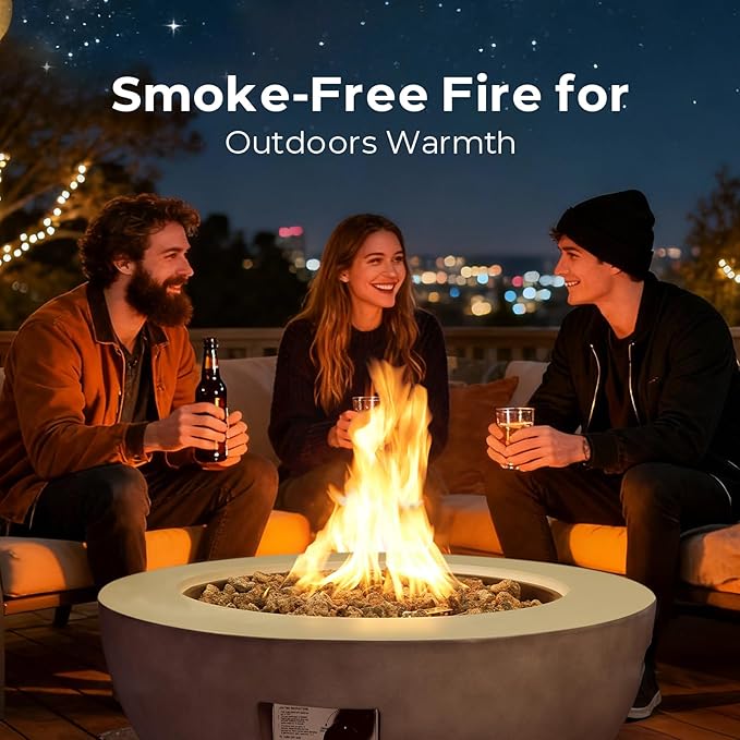 31.5 Inch Round Propane Fire Pit Table - Concrete Round Fire Bowl 50000 BTU Natural Gas Firepit Burner with Steel Lid Lava Rocks Waterproof Cover for Outside Patio Backyard Party