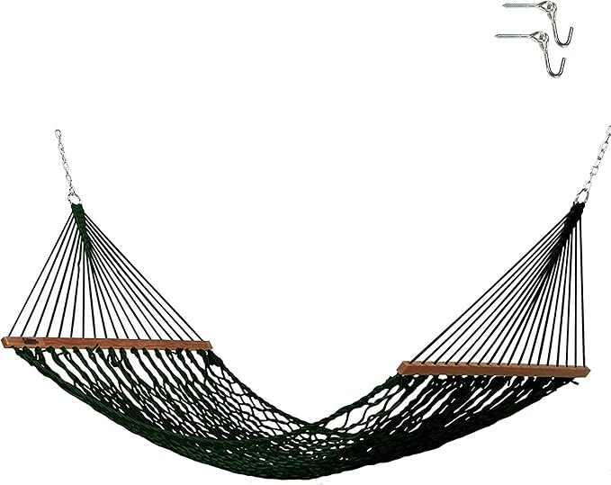Hatteras Hammocks Small Green DuraCord Rope Hammock – 11 ft. x 45 in. 450 lb Capacity Cumaru Spreader Bar Zinc-Plated Hardware Handcrafted in The USA