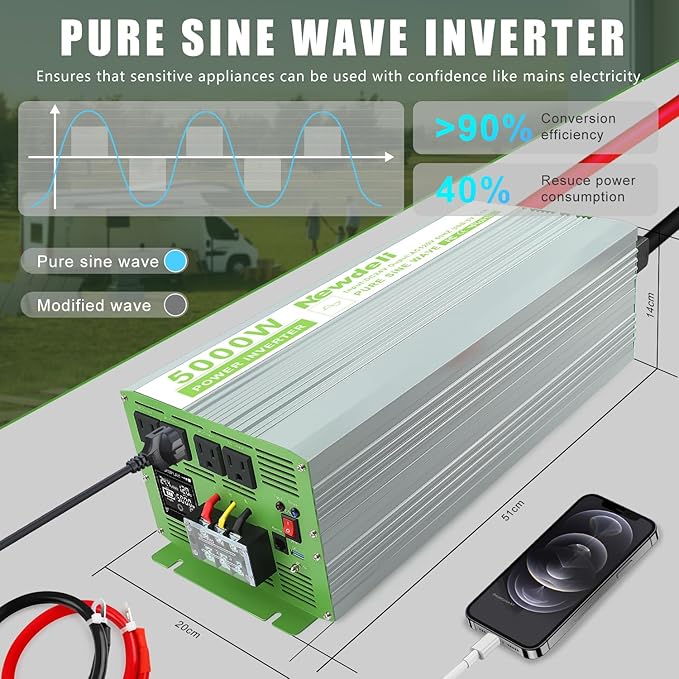 Newdeli 5000 Watt Power Inverter 24V DC to 110V/120V AC Converter 10000W Peak Pure Sine Wave Inverter with LCD Display Wireless Controller 4 AC Outlets and 3.4A USB for Vehicles Car Truck RV Solar