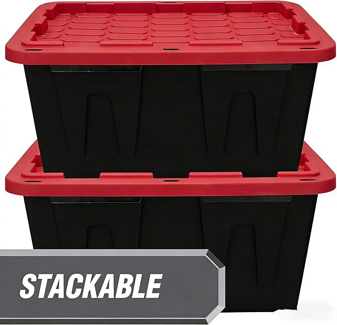 (2 Pack) 27 Gallon Large Storage Bin with Snap Lid Black and Red Heavy Duty Plastic Storage Container Stackable with Secure 2-Point Closure Lockable Holes Indoor/Outdoor Use