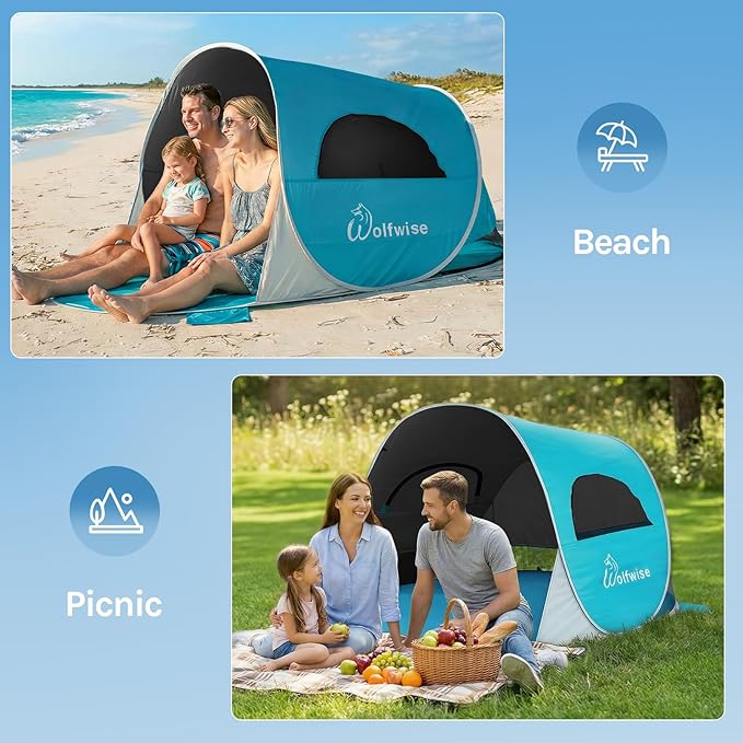 Wolfwise Pop up Beach Tent Sun Shelter with UPF50+ UV Protection Instant Easy Setup Popup Beach Shade Canopy for 3 Person Portable &amp Foldable with Carring Bag 87 ×57×47 in Black Coating