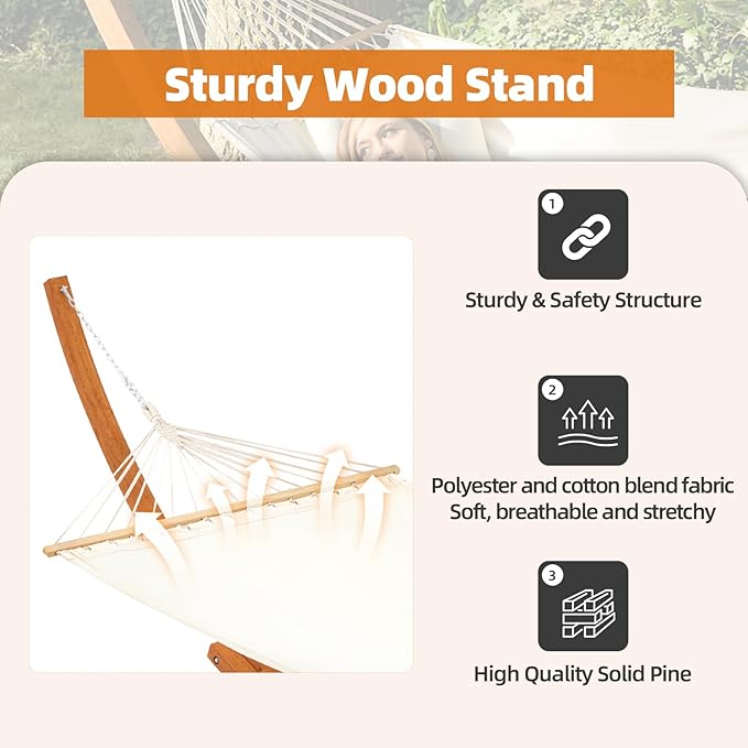 ECOTOUGE 14 FT Hammock with Stand 2 Person Heavy Duty Hammock Stand Large Hammock Bed for Porch Patio Balcony Garden Backyard White-Yellow
