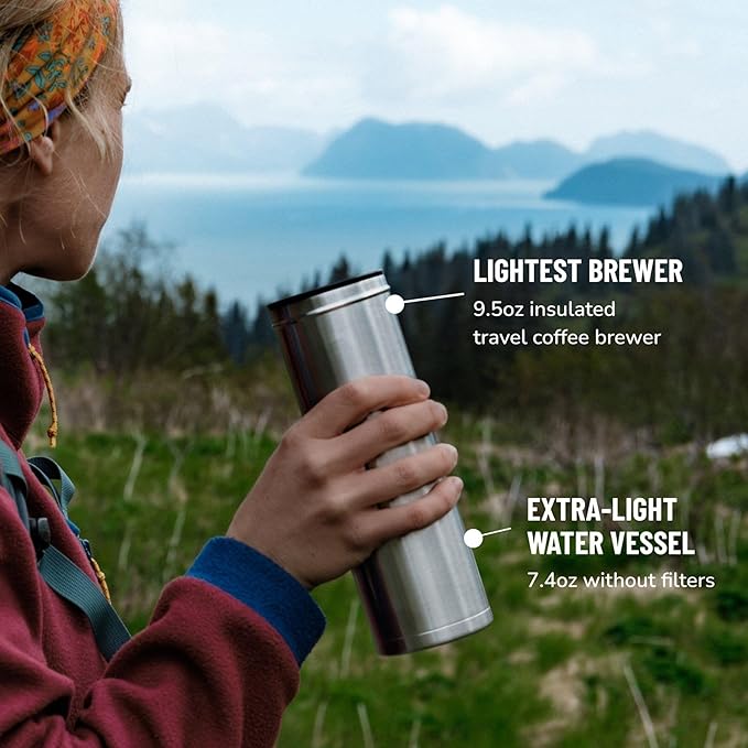 ESPRO Go P0 Ultralight French Press Coffee Maker for Travel Vacuum Insulated Stainless Steel 16 Ounces Brushed Stainless Steel