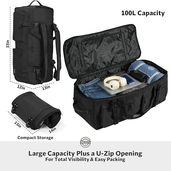 STOVER 45/80/100L U-Zip Rolling Duffel Bag with Wheels X-Large Durable Travel Duffle + Toiletry Bag Lay-Flat Opening Packable w/Shoulder Straps- Use as Luggage or Backpack Men/Women (Black)