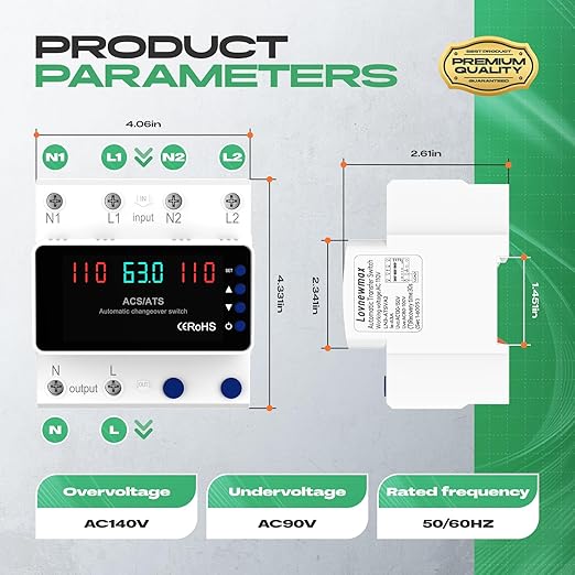 Automatic Transfer Switch 63A 110V DIN Rail Mount Generator Transfer Switch with Automatic and Manual Operation LED Display Over Voltage and Over Current Protection 50/60Hz