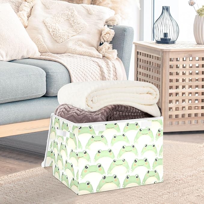 Frogs Storage Cube Bins Basket with Lid Collapsible Flip-top Fabric with Handle for Home Bedroom Closet Office 16.5×12.6×11.8 in
