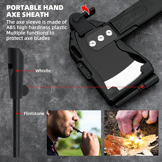 Multifunctional Hammer Head Axe Survival Tactical Tool - Folding Saw Flintstone Whistle with Axe Sheath - Camping Hatchet for Outdoor Hiking
