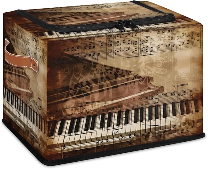 Retro Piano Storage Box with Lid Music Notes Collapsible Storage Bins Baskets Cubes Closet Shelf Clothes Organizer Containers with PU Leather Handles