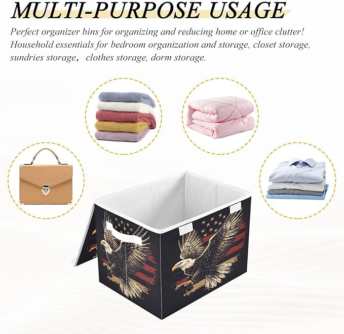July 4th Bald Eagle Black Collapsible Storage Bins with Lids Decorative Fabric Cubes Closet Organizer Basket Boxes Containers for Clothes Box Chest Foldin