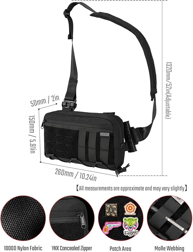 TACTICAL_GEEK Cache L3C EDC Sling Bag Chest Lightweight Shoulder Daypack Travel Hiking Concealed Carry Crossbody Bag Tactical Backpack Hiking Ambidextrous Strap (1000D-Black)