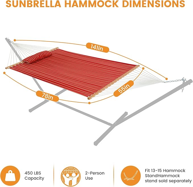 Lazy Daze Hammocks 12 FT Sunbrella Fabric Hammock not Fading with Spreader Bars and Free Pillow Fits for 2 Persons All Weather and Fade Resistant for Patio Yard 450 lbs Capacity Harwood Crimson