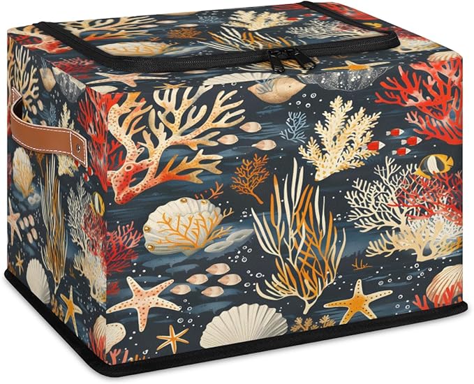 Sea Ocean Storage Box with Lid Seashell Collapsible Storage Bins Baskets Cubes Closet Shelf Clothes Organizer Containers with PU Leather Handles