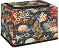 Sea Ocean Storage Box with Lid Seashell Collapsible Storage Bins Baskets Cubes Closet Shelf Clothes Organizer Containers with PU Leather Handles