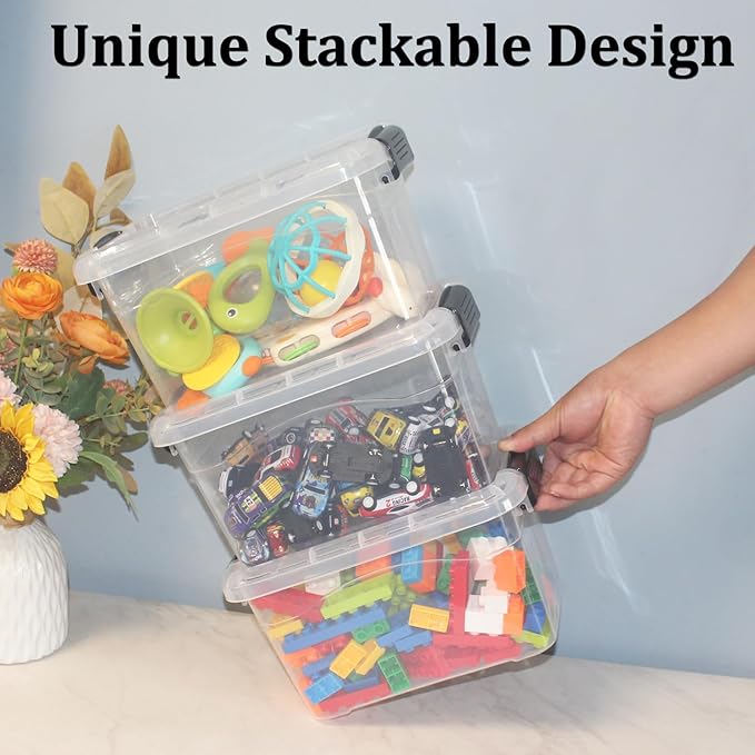 6 Packs Plastic Storage Bins with Lids and Handle 7 Quart Storage Organizer Bins with Black Buckle Lids Stackable Storage Container Clear Plastic Latching Box for Storage Organizing